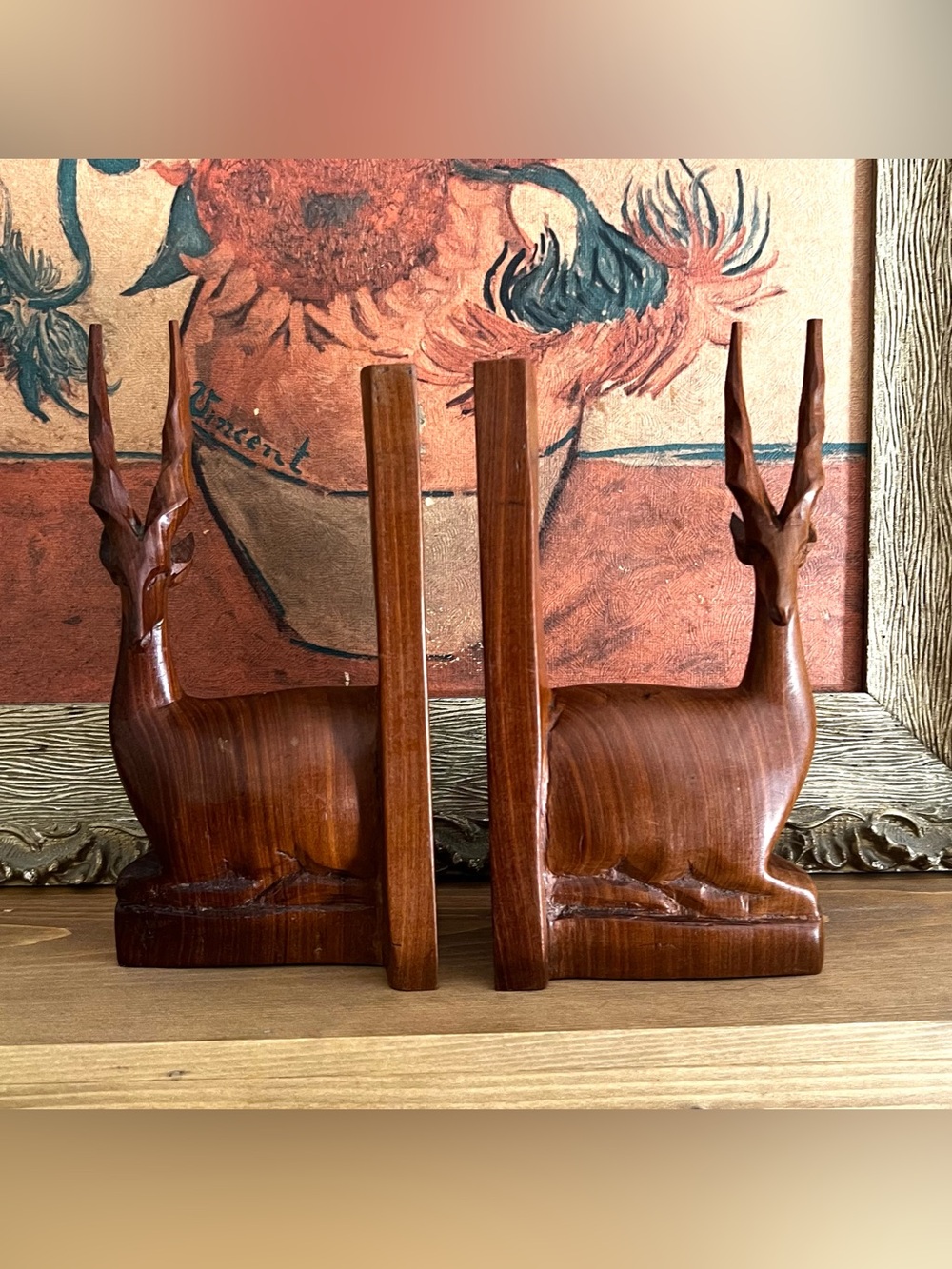 Vintage Hand Carved Wood Antelope Gazelle Bookends Set of Two Mid Century Modern